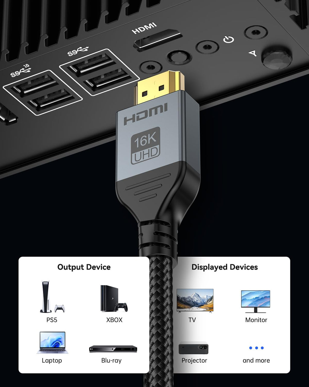 16K 8K HDMI Cable 96Gbps 10 FT, Ultra High Speed HDMI 2.2 Cable 16K@60Hz 8K@120Hz 4K@480Hz HDCP 2.2&2.3, Dynamic HDR, eARC,DTS:X, Compatible with Roku TV/HDTV/PS5/Blu-ray/Projector