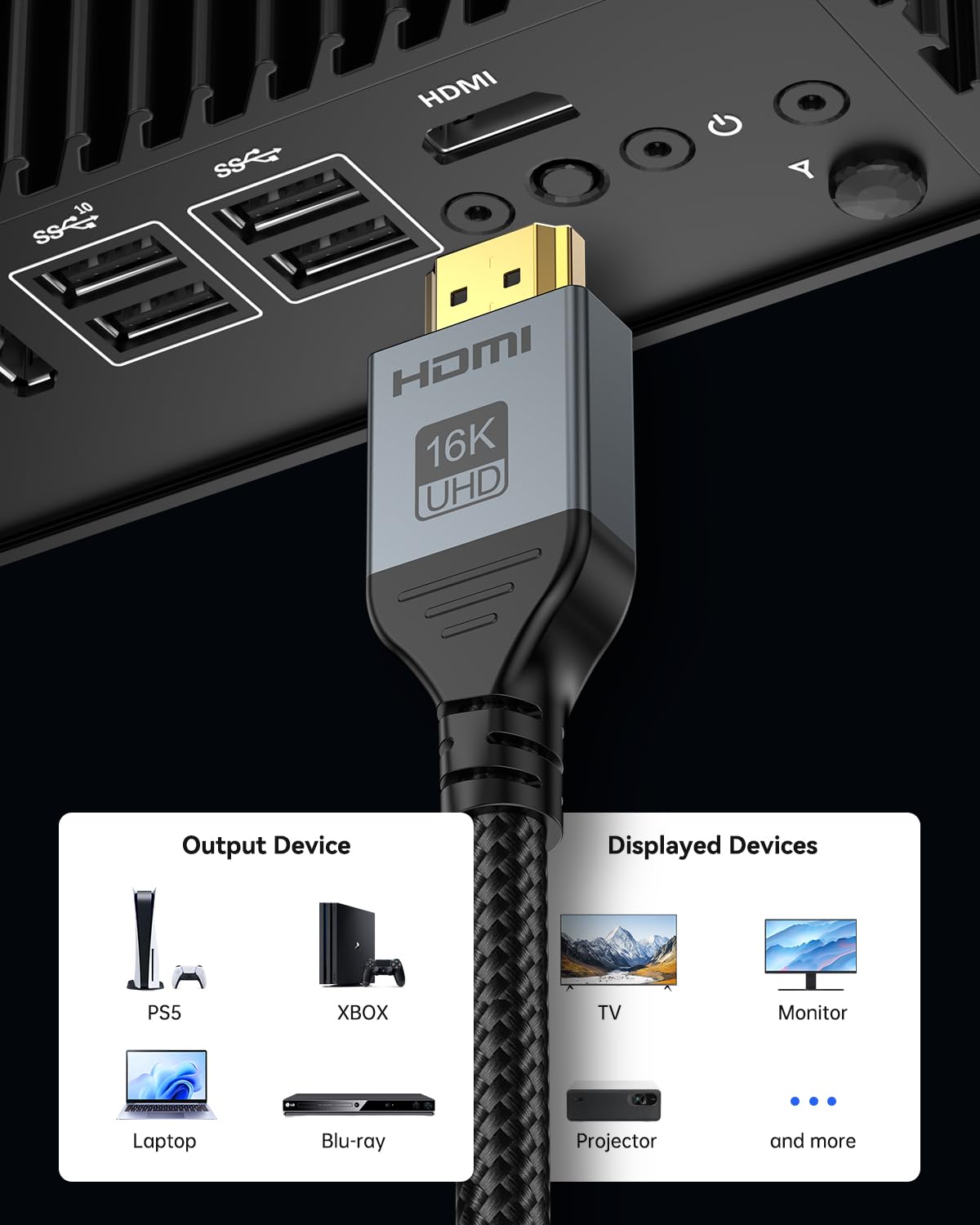 16K 8K HDMI Cable 96Gbps 3.3 FT, Ultra High Speed HDMI 2.2 Cable 16K@60Hz 8K@120Hz 4K@480Hz HDCP 2.2&2.3, Dynamic HDR, eARC,DTS:X, Compatible with Roku TV/HDTV/PS5/Blu-ray/Projector