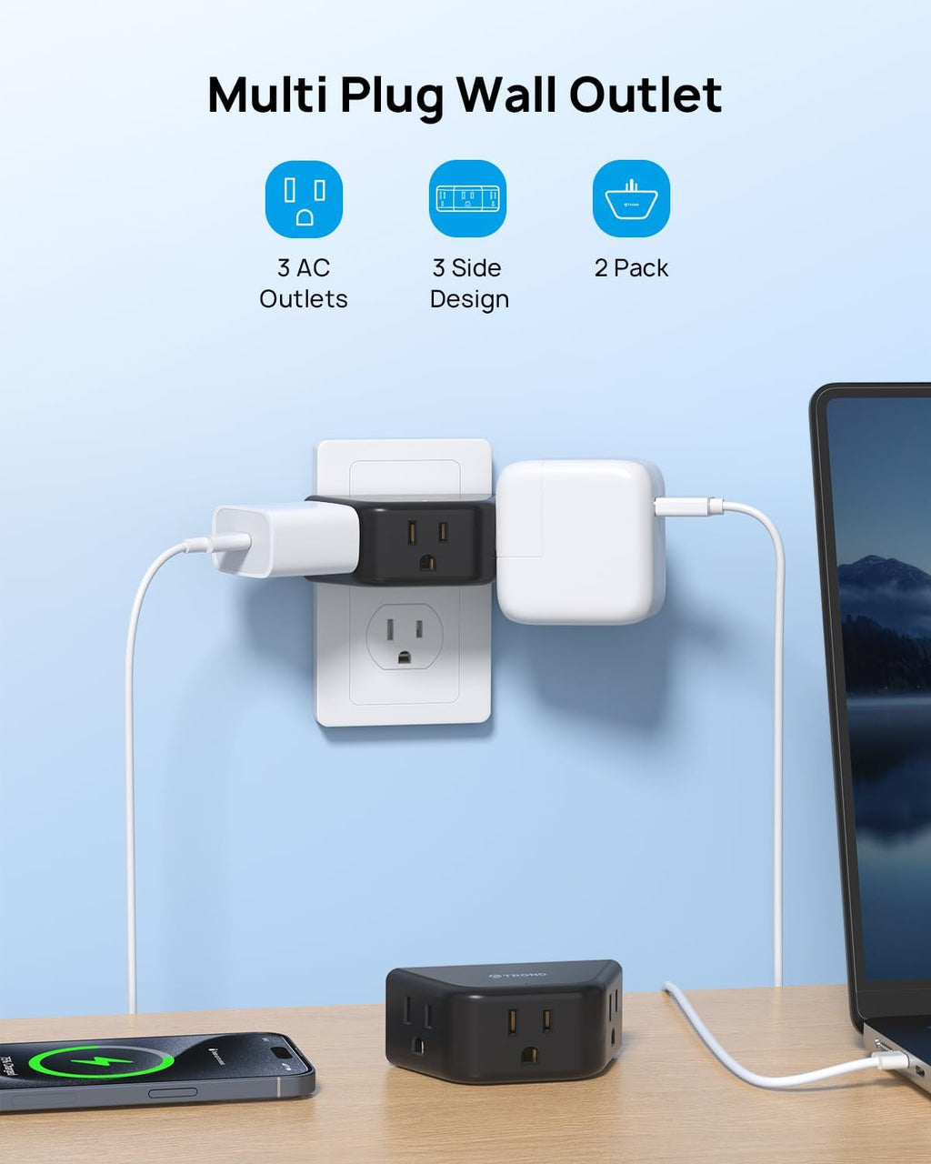 TROND 2 Pack Multi Plug Wall Outlet, 3 Way Angled Wall Outlet Extender, 3 Prong Plug Splitter, Cruise Essentials, Multiple Expander for Travel Home Hotel Dorm Room, Black