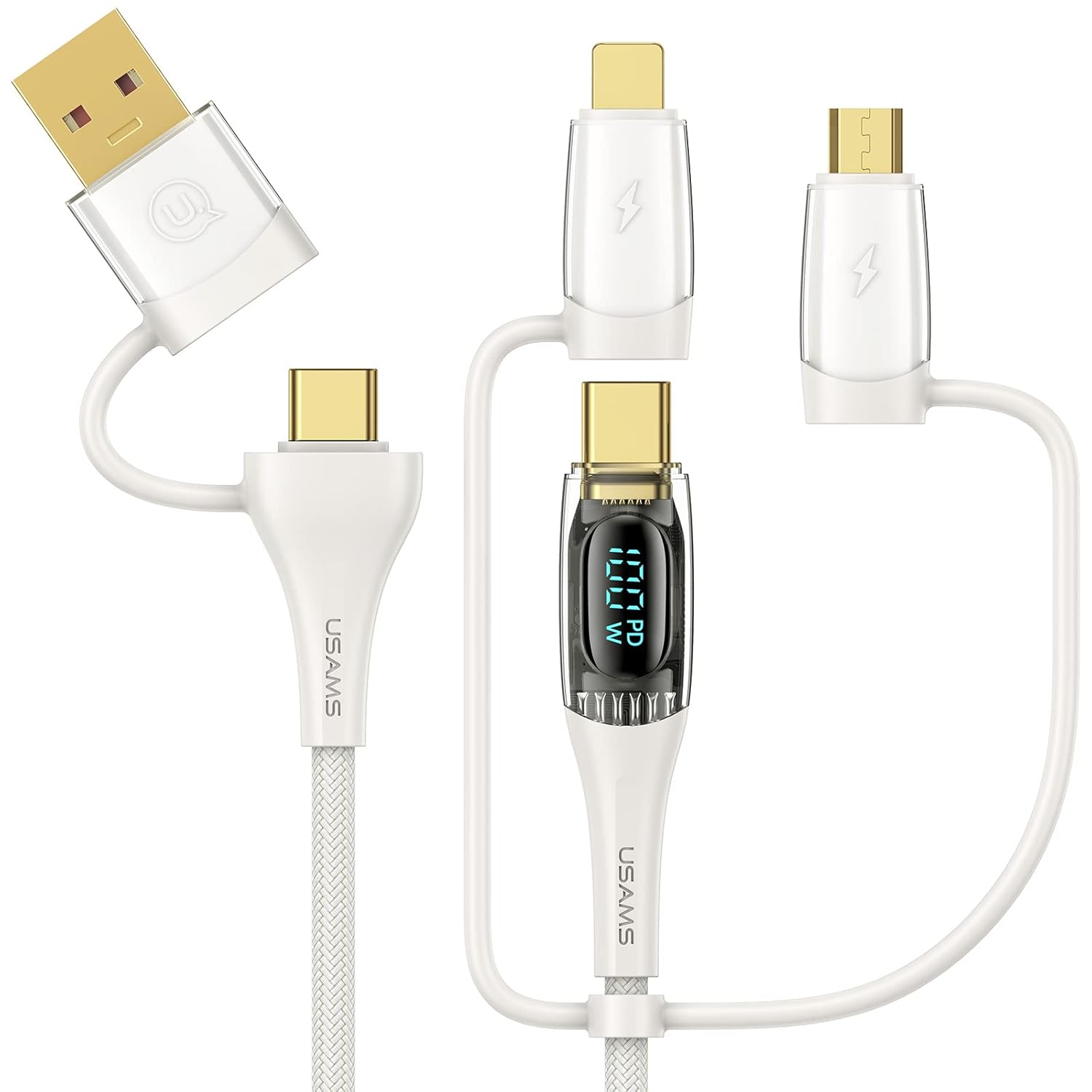 USB C to Multi Charging Cable, USAMS 100W 4FT 5A Type C to Type C Fast Charger Charging Cord with LED Display 5-in-1 C/A to C/Micro/IP Sync Charger Adapter Compatible for Laptop/Tablet/Phone