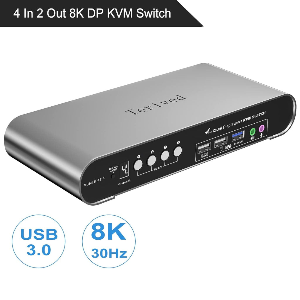 4 Computers 2 DP Monitors Automatic KVM Switch, 8K@30Hz 4K@144Hz 4 Port DP USB 3.0 Dual Monitor, Aluminum hotkey Audio Microphone, Digital Display, HDR10 with Cables