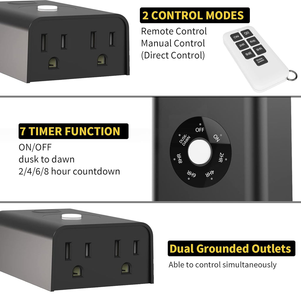 Minoston Outdoor Timer Outlet Waterproof with Remote, 2 Outlets Dusk to Dawn Plug, Light Sensor Countdown Timer 2 4 6 8 Hours 100Ft Remote Control Home Garden(MP42T)