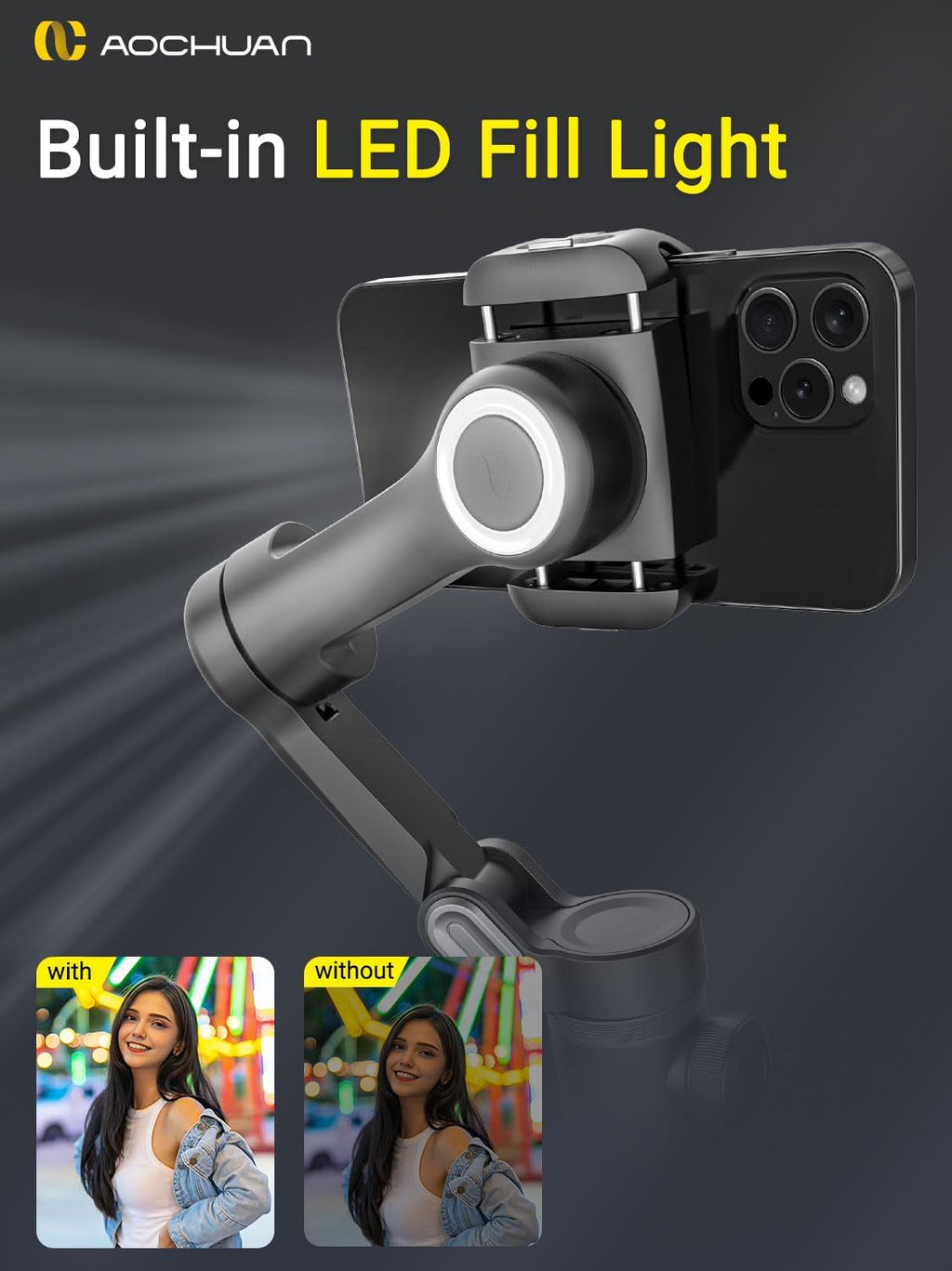 Gimbal Stabilizer for Smartphone,LED Light OLED Screen 3-Axis Gimbal,Gesture Control,Face Tracking,Magnetic Charging,Gimbal Stabilizer for Android&iPhone -AOCHUAN Smart XPro