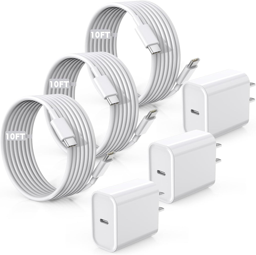 Fast Charger for iPhone 16/15 Charger,10FT Extra Long Fast Charging 3Pack USB-C Wall ChargerBlock USB C To USB C Fast Charging Cable Cord for iPhone 16 Pro Max/iPhone 15 Pro/15 Plus,iPad Pro/Air/Mini