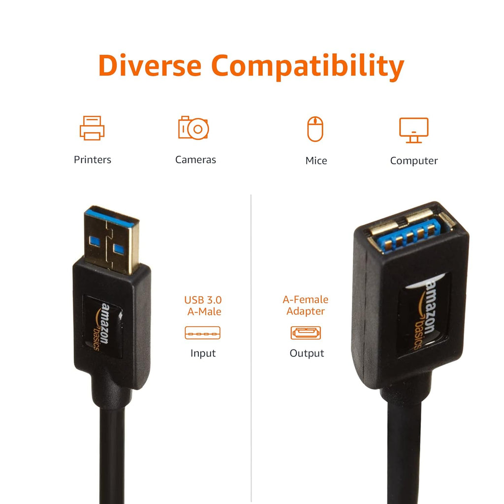 Amazon Basics USB-A 3.0 Extension Cable, 4.8Gbps High-Speed, Male to Female Gold-Plated Connectors, 6.5 Foot, Black