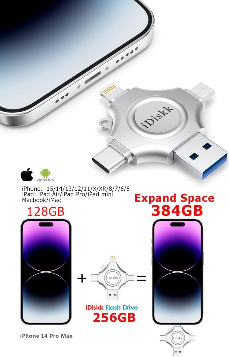 256GB App-le Certified iPhone 17 16 iDiskk FLASHDRIVE 256GB USB C Thumb Drive Photo Stick for iPhone iPad Android Samsung Flash Drive for iPhone Photos 15/14/13/12/12 pro/12 mini Storage