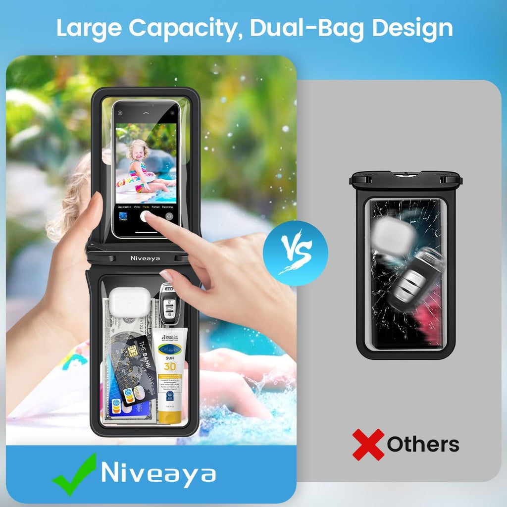 Niveaya Double Space Waterproof Phone Pouch - 2 Pack, Waterproof Phone Lanyard Case with iPhone 16/15/14/13/12 Pro Max up to 8.3", Phone Dry Bag for Vacation Beach Pool Kayak Cruise Travel Essentials