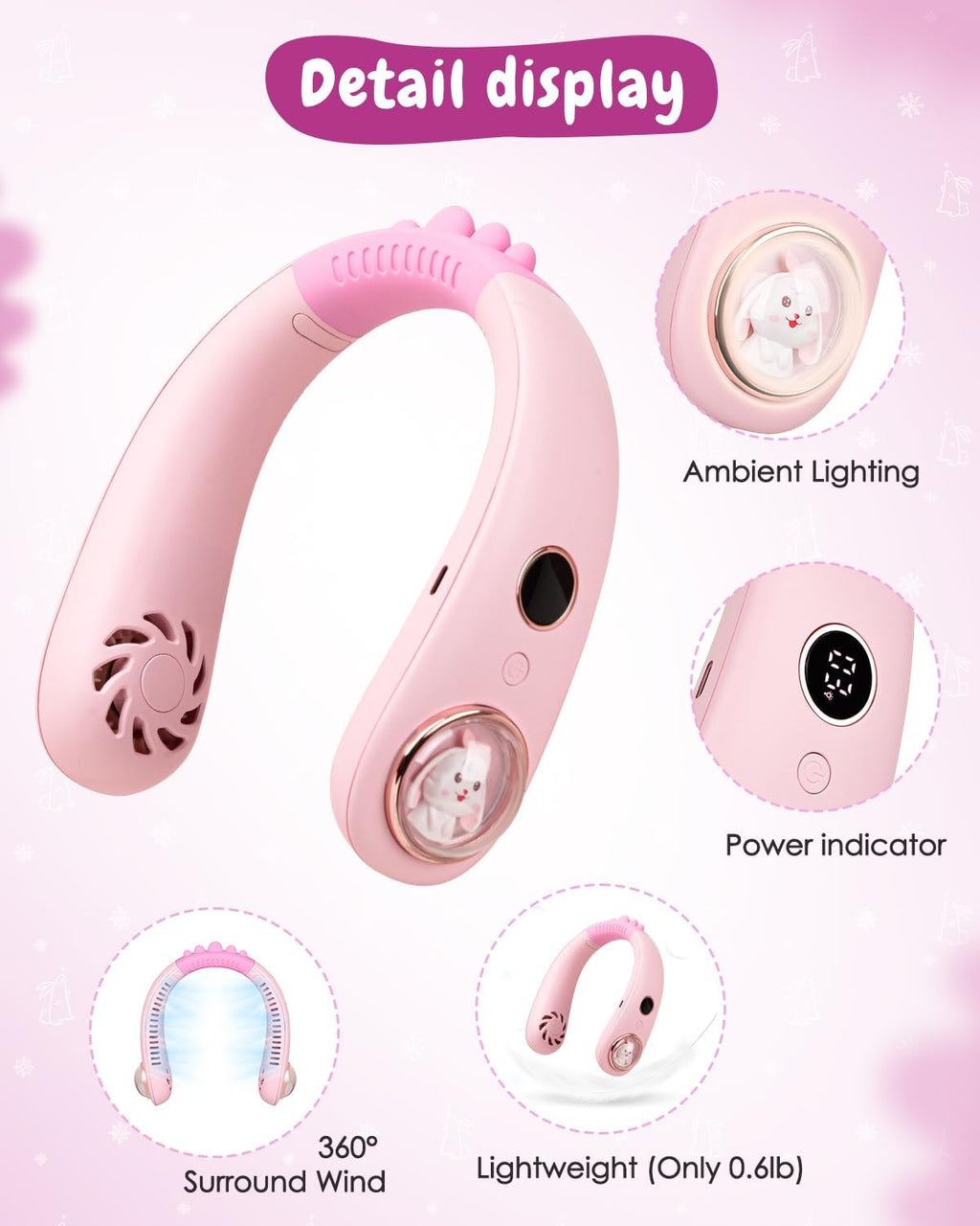 Neck Fan for Kids,Bladeless Portable Fan Rechargeable for 4-14Y Girls & Boys, 2400mAh USB Personal Cooling Mini Fan Rechargeable for Travel/Disney/Camping, 3 Speeds, Summer Essentials(Pink)