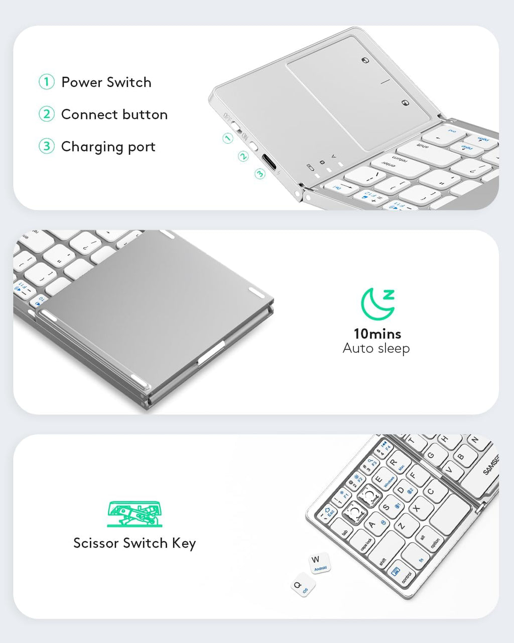 Samsers Multi-Device Foldable Bluetooth Keyboard with Touchpad, Rechargeable Dual-Mode(2.4G+BTx2) Wireless Keyboard with Holder, Portable Folding Keyboards for Android Windows iOS Mac OS - Silver