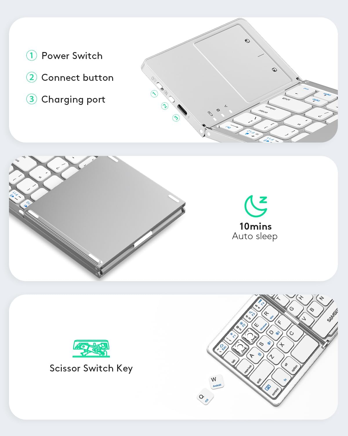 Samsers Multi-Device Foldable Bluetooth Keyboard with Touchpad, Rechargeable Dual-Mode(2.4G+BTx2) Wireless Keyboard with Holder, Portable Folding Keyboards for Android Windows iOS Mac OS - Silver