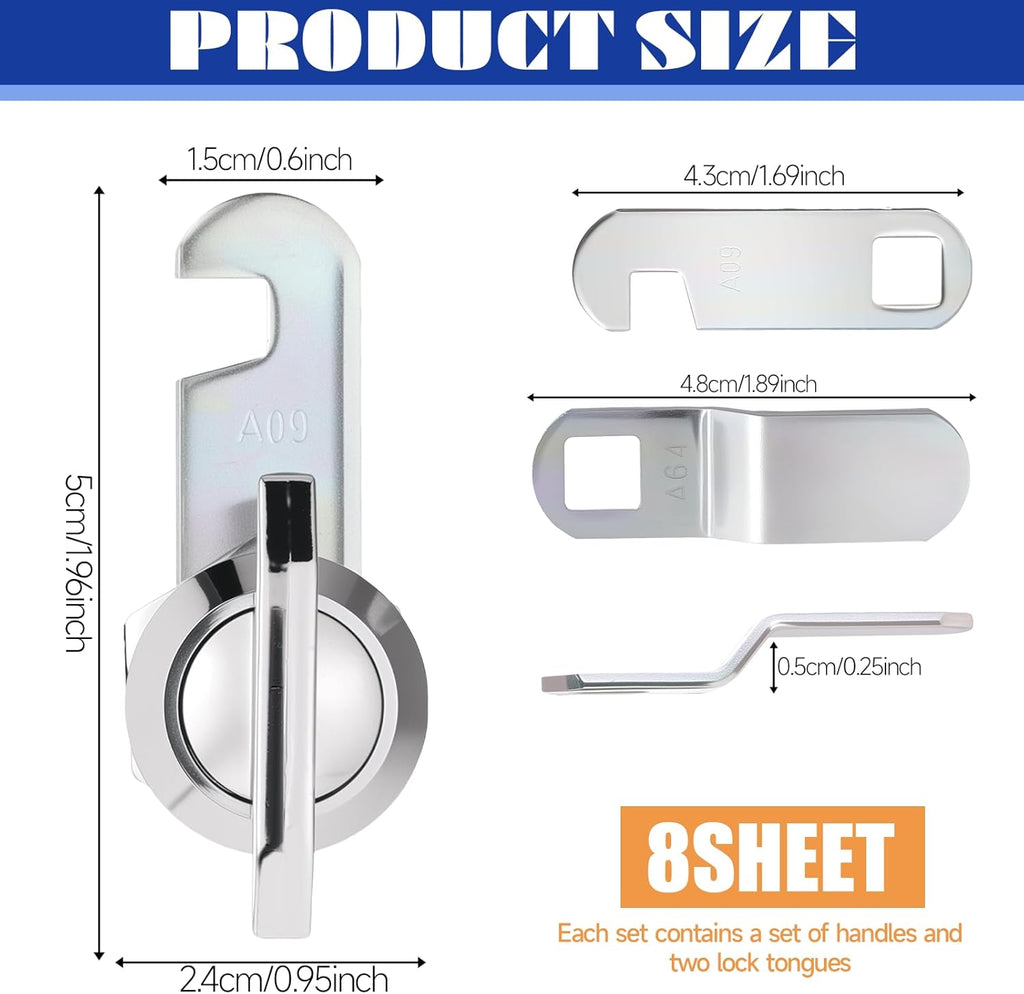 Thumb Operated Offset Cam Locks, 3/8", 5/8", 7/8" Keyless Cabinet Locks for RV Storage Doors, Camper Compartments, Mailbox Drawers, Zinc Alloy Rustproof Latch with Straight & Bent Locking Arms, 8-Set