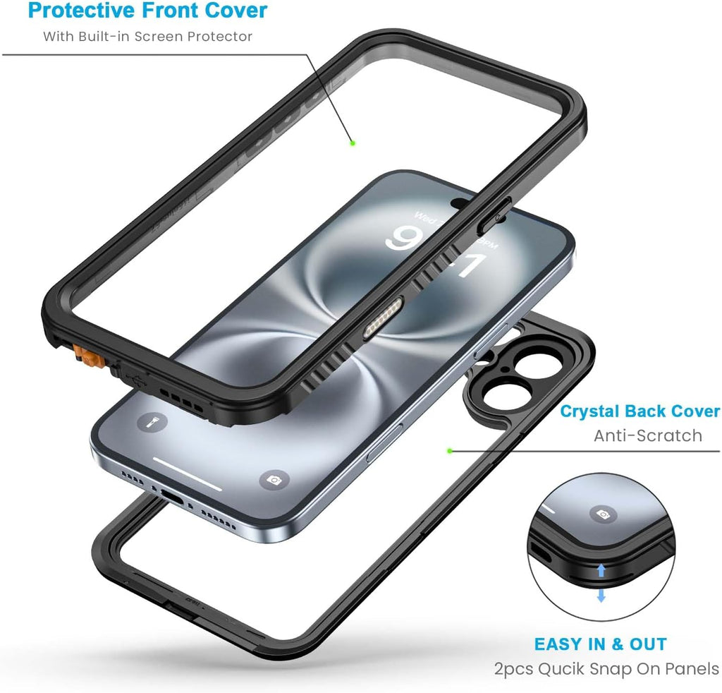 Lanhiem for iPhone 16 Plus Case, IP68 Waterproof Dustproof Shockproof Cases with Built-in Screen Protector, 360 Full Body Heavy Duty Rugged Phone Cover for iPhone 16 Plus - 6.7 inch (Black/Clear)