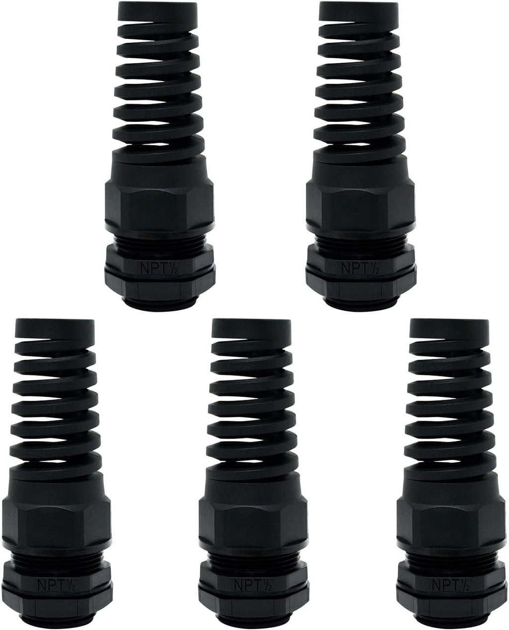 LeMotech 5Pcs NPT 1/2" IP68 Waterproof Cable Gland Flex Spiral Strain Relief Black Nylon Joint with Gaskets for 6-12mm Wire Thread