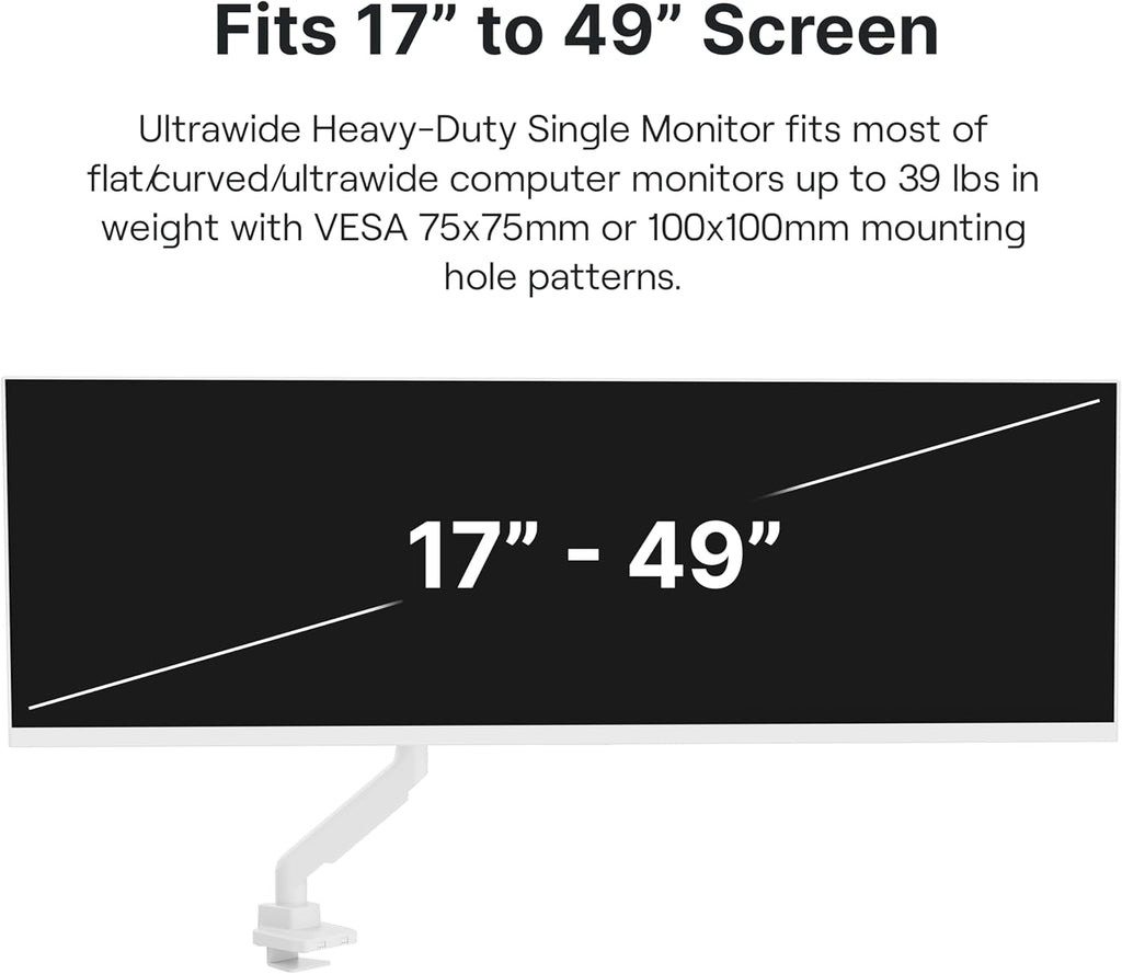 Pixio PS2S White Ultrawide Heavy-Duty Premium Single Monitor Arm Stand Desk Mount - Fits up to 49 inches Monitors, Weights up to 39lbs Flat / 31lbs Curved, Compatible with VESA 75x75 100x100mm
