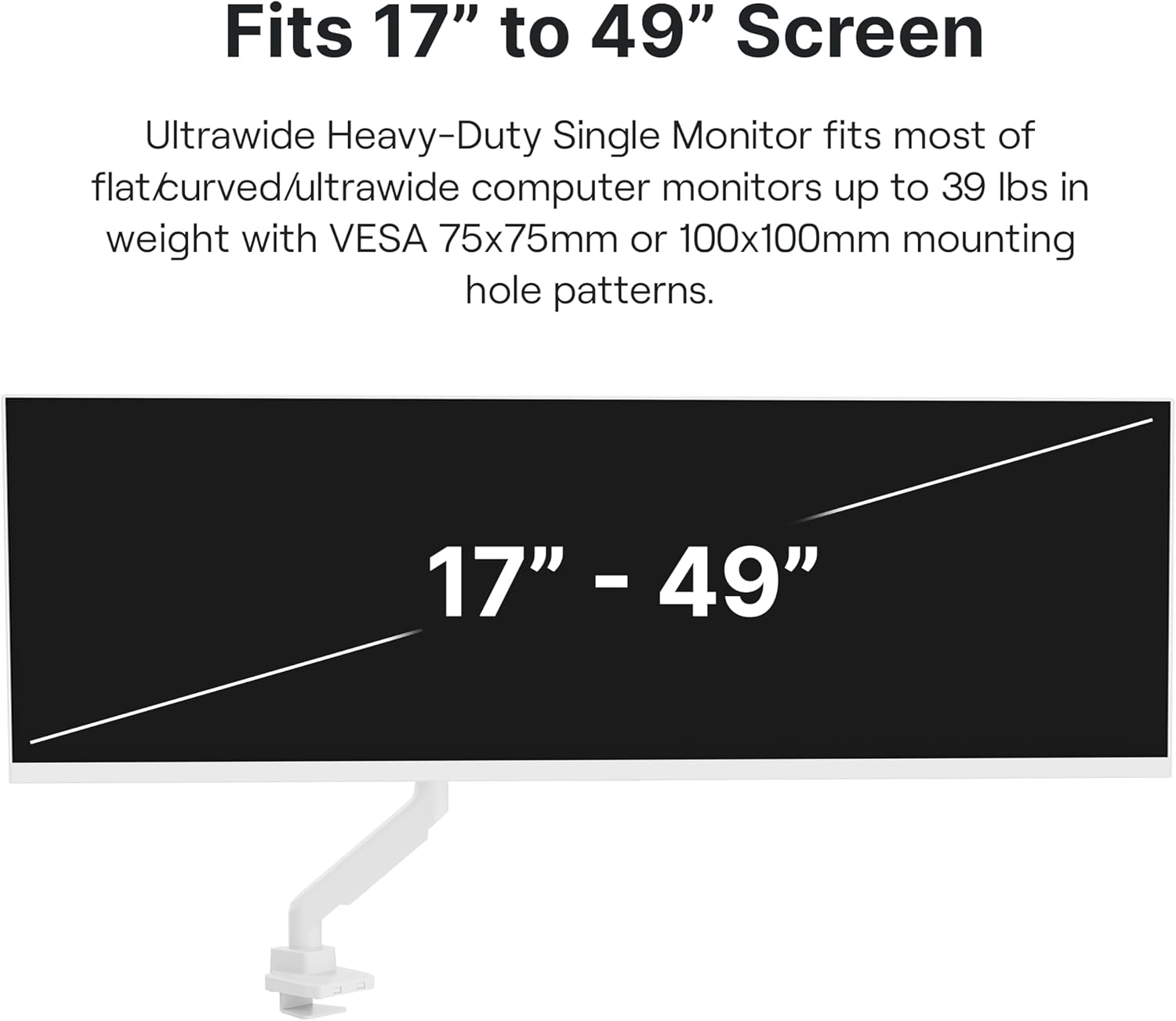 Pixio PS2S White Ultrawide Heavy-Duty Premium Single Monitor Arm Stand Desk Mount - Fits up to 49 inches Monitors, Weights up to 39lbs Flat / 31lbs Curved, Compatible with VESA 75x75 100x100mm