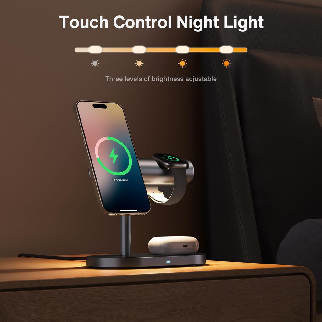 iVANKY Qi2 Certified 4 in 1 Wireless Charger Stand with Nightstand Light for MagSafe Magnetic Charging Station for iPhone 17/16 Plus Pro Max Air,Apple iWatch, Airpods (with 33 W PD Charger) ﻿