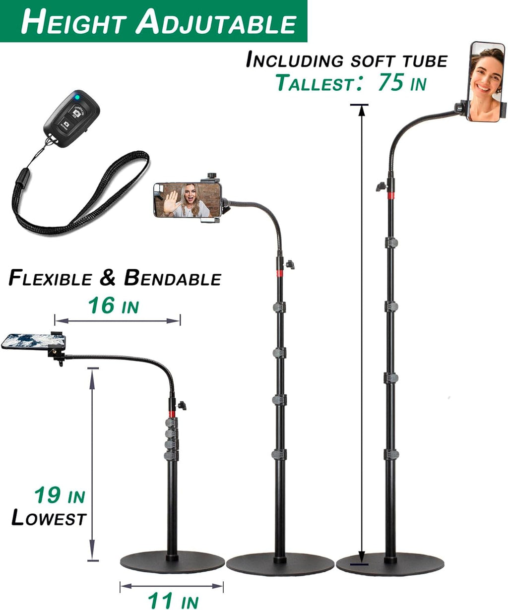 Phone Overhead Stand, Gooseneck Phone Floor Stand, Tall Video Cell Phone Mount with Height Adjustable Stand, Heavy Base, 360 Head, Works with iPhone 16, 16 Pro Max, 16 Plus, 15, 14, 13