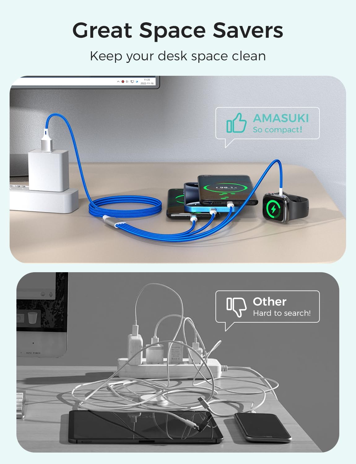 Travel Essentials Multi Charging Cable for Watch Charger 4 in 1 Fast Charger Camping Essentials USB C/L/Micro Compatible with Watch Series 10-1/SE/Ultra Phone 16 15/Galaxy Android-4FT/Blue