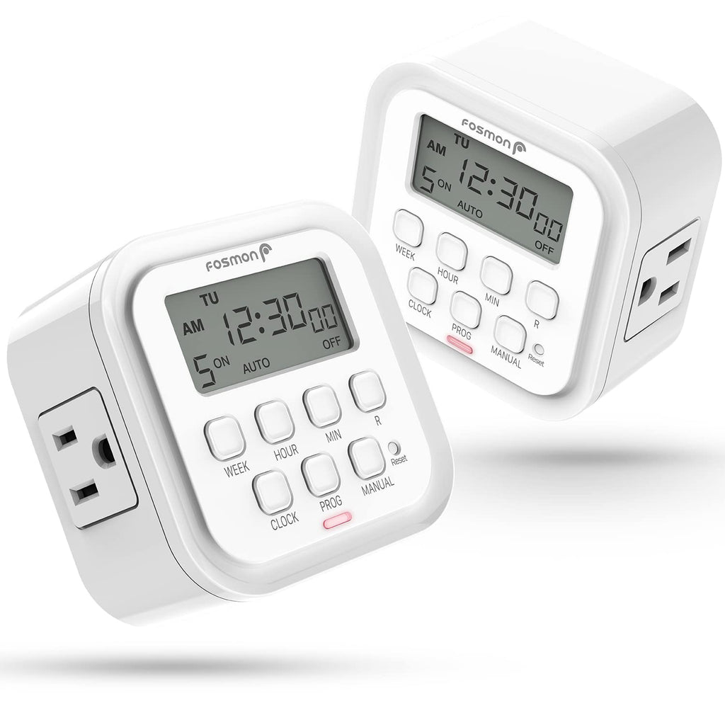 Fosmon 7 Day Digital Timers for Electrical Outlets, Indoor Plug-in Light Timers Switch Programmable, Electric Wall Plug for Lamp, Grow Reptile Lights, Aquarium, 15A/1875W, Grounded- 2 Pack