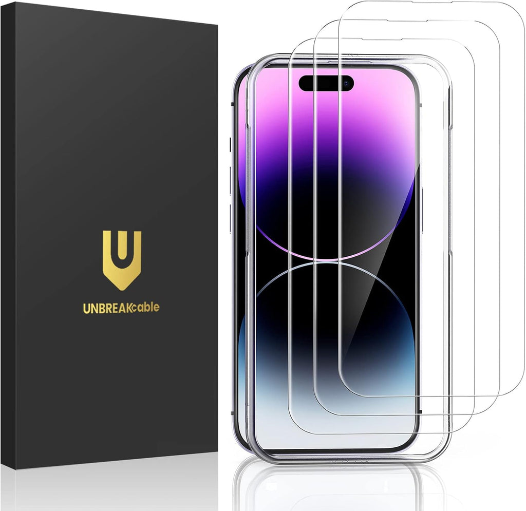 UNBREAKcable 3-Pack Screen Protector for iPhone 14 Pro Max, Double Shatterproof Tempered Glass [Easy Installation Frame] [9H Hardness] [99.99% HD Clear] [Case Friendly] for iPhone 6.7 inch