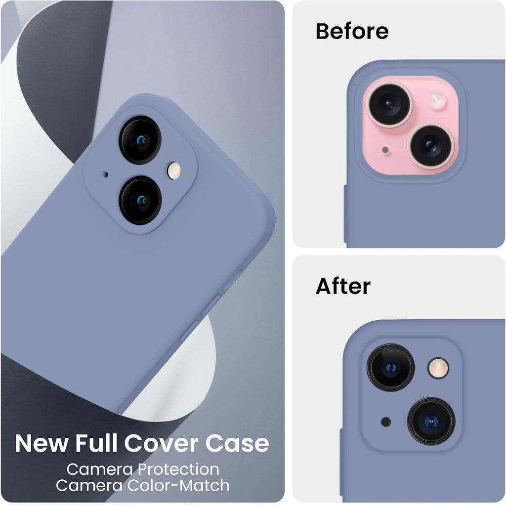 FireNova Designed for iPhone 15 Case, Silicone Upgraded [Camera Protection] Phone Case with [2 Screen Protectors], Soft Anti-Scratch Microfiber Lining Inside, 6.1 inch, Lavender Gray
