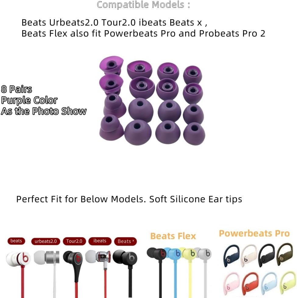 Replacement Ear Tips for Beats Urbeats2.0 Tour2.0 ibeats Beats x, Beats Flex Secure Fit for Powerbeats Pro Silicone Earbuds Washable Sweat-Resistant Noise Isolation 8 Pairs (Purple)