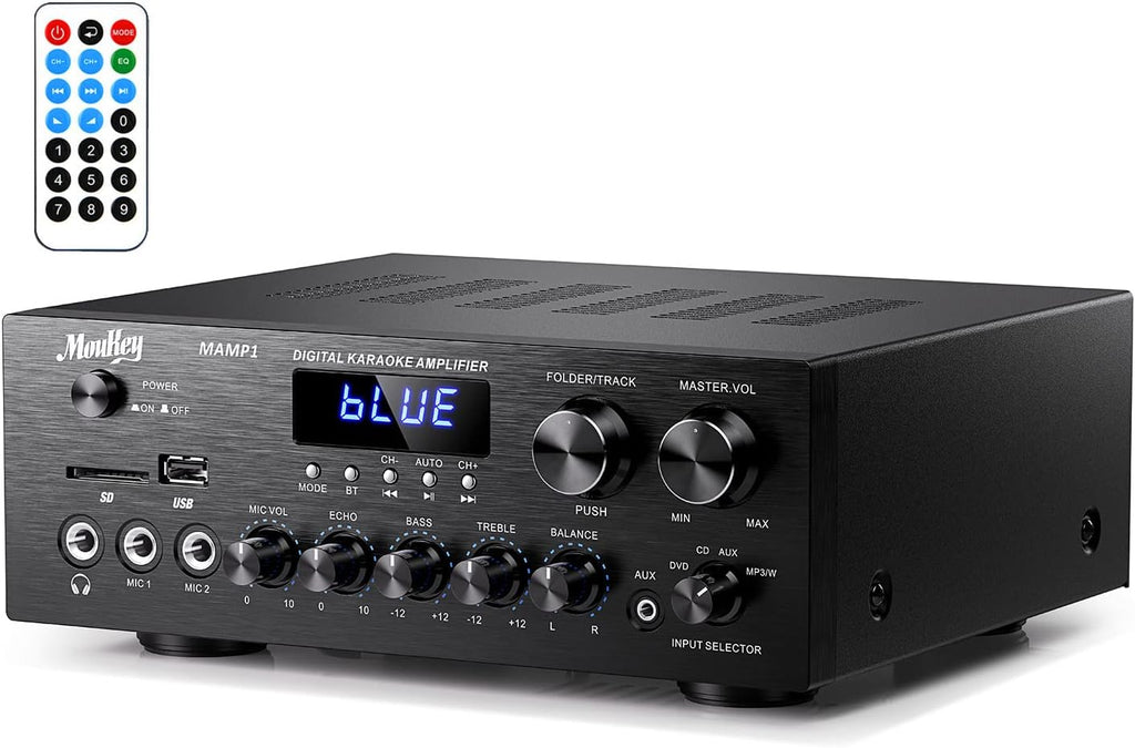 Moukey Stereo Receivers with Bluetooth 5.0, 400W 2.0 Channel Power Audio Amplifier Stereo System w/USB, SD, AUX, RCA, MIC in w/Echo, LED for Karaoke, Home Theater Speakers - MAMP1