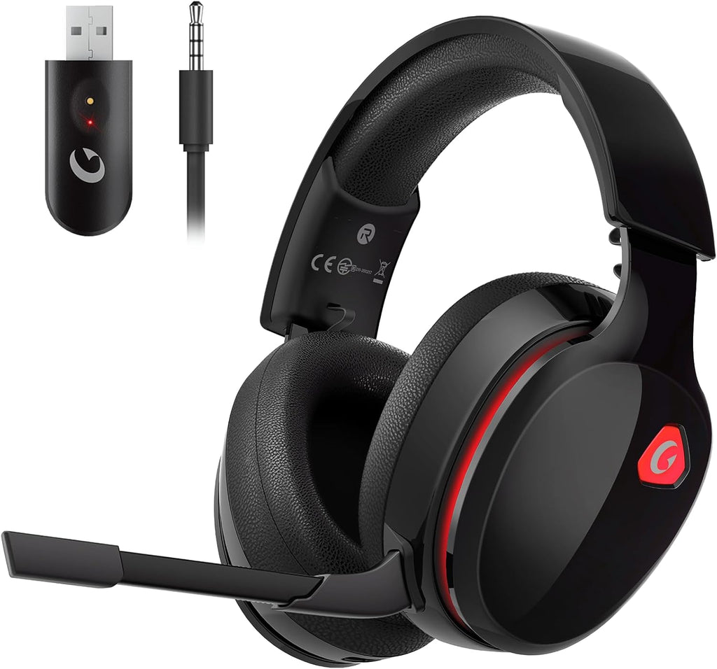 2.4GHz Wireless Gaming Headset for PS5, PS4 Fortnite & Call of Duty/FPS Gamers, PC, Nintendo Switch, Bluetooth 5.3 Gaming Headphones with Mic, Stereo Sound, Red Light -BlackRed