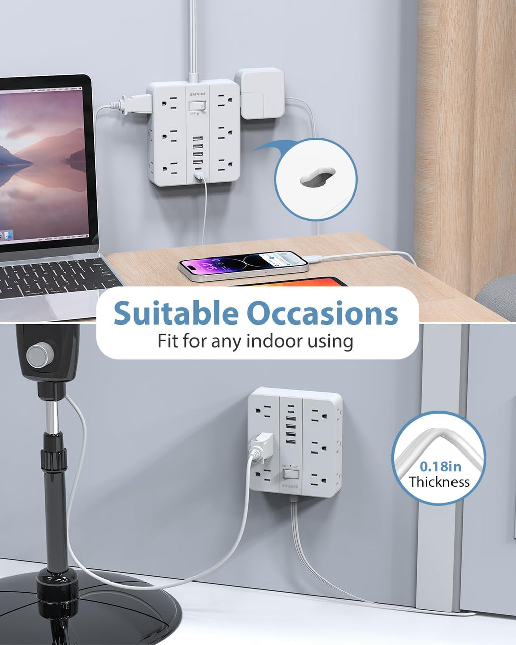 Surge Protector Power Strip 15 Ft Extension Cord, 12 Widely Spaced Outlets 6 USB (2 USB C) Ports, Ultra Thin Flat Plug Surge Protection for Home, Office, Dorm Room Essentials