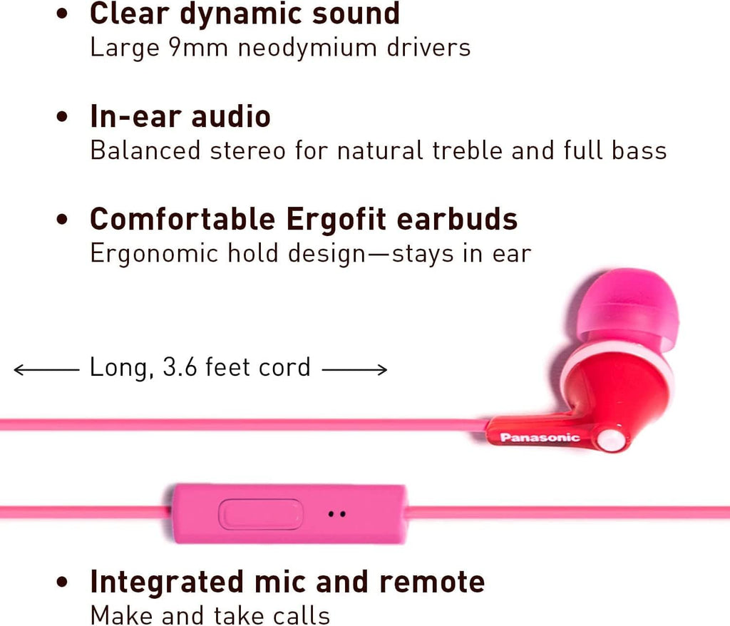 Panasonic ErgoFit Wired Earbuds With Microphone, 3.5mm Jack Wired Headphones with Mic and Call Controller, Ergonomic Custom-Fit Earpieces (S/M/L), for Phones and Laptops - RP-TCM125-P (Pink)
