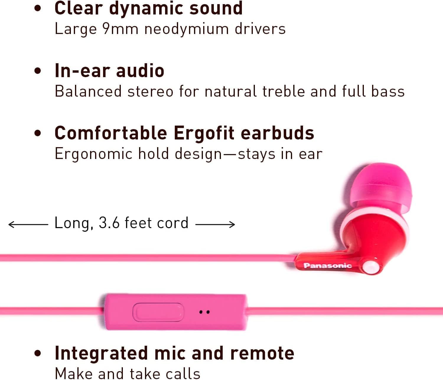 Panasonic ErgoFit Wired Earbuds With Microphone, 3.5mm Jack Wired Headphones with Mic and Call Controller, Ergonomic Custom-Fit Earpieces (S/M/L), for Phones and Laptops - RP-TCM125-P (Pink)