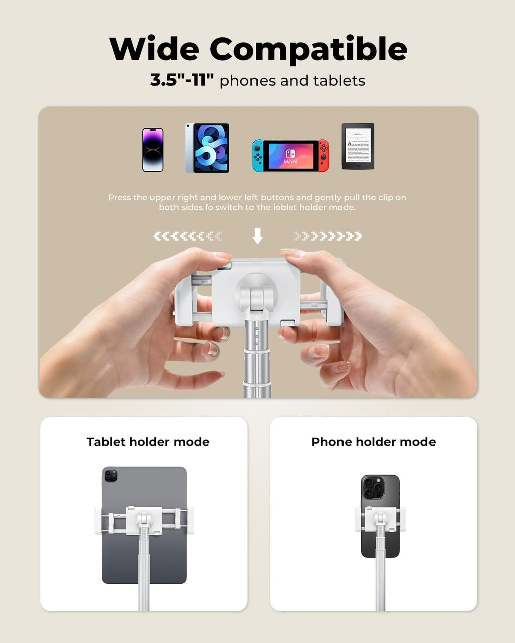 Extended Tablet Floor Stand, 360 Rotating Adjustable iPad Floor Holder with Long Flexible Arm, Compatible with 4-13" Devices, Stand for Bedside, Sofaside, Table, Desk (White)