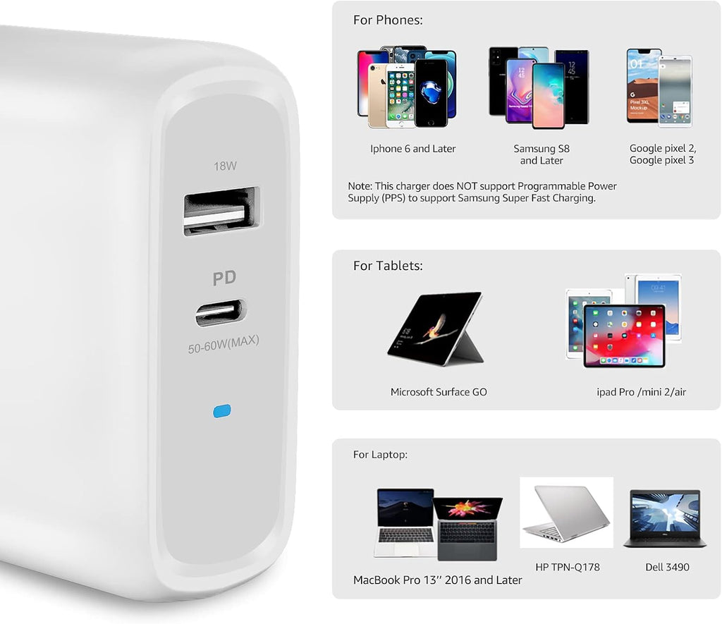 Amazon Basics 68W Two-Port GaN Wall Charger with 1 USB-C (60W) & 1 USB-A Ports (18W) with PD for Laptops, Tablets & Phones (iPhone 16/15/14/13/12/11/X, iPad, MacPro, Samsung, and more), Non-PPS, White