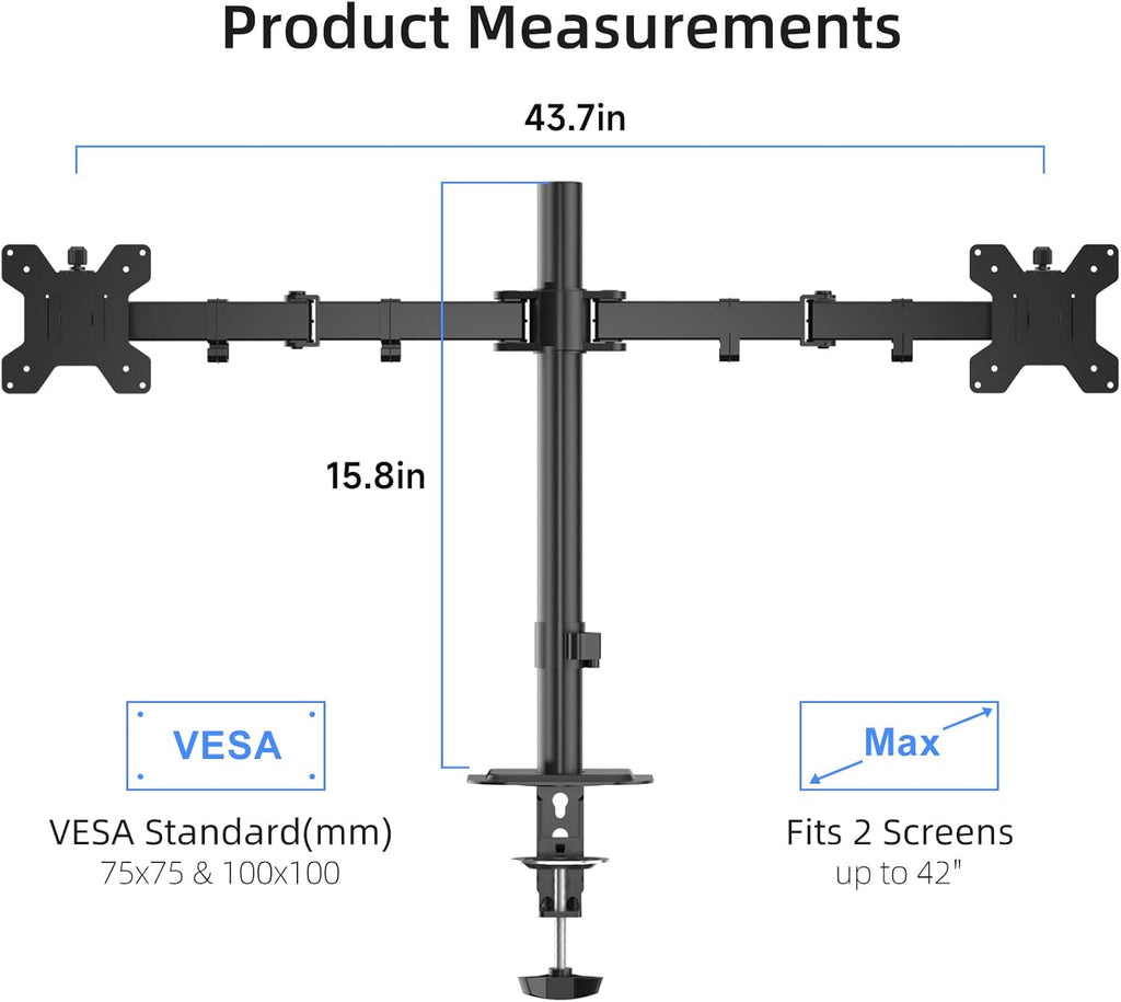 Suptek Dual Monitor Arm Desk Mount,Ultrawide Dual Monitor Arm for 2 Monitor Screens up to 42 inches and Max 22lbs Each,Extra Tall 15.75" Pole Fully Adjustable Monitor Stand for Desk,Black(MD9442LB)