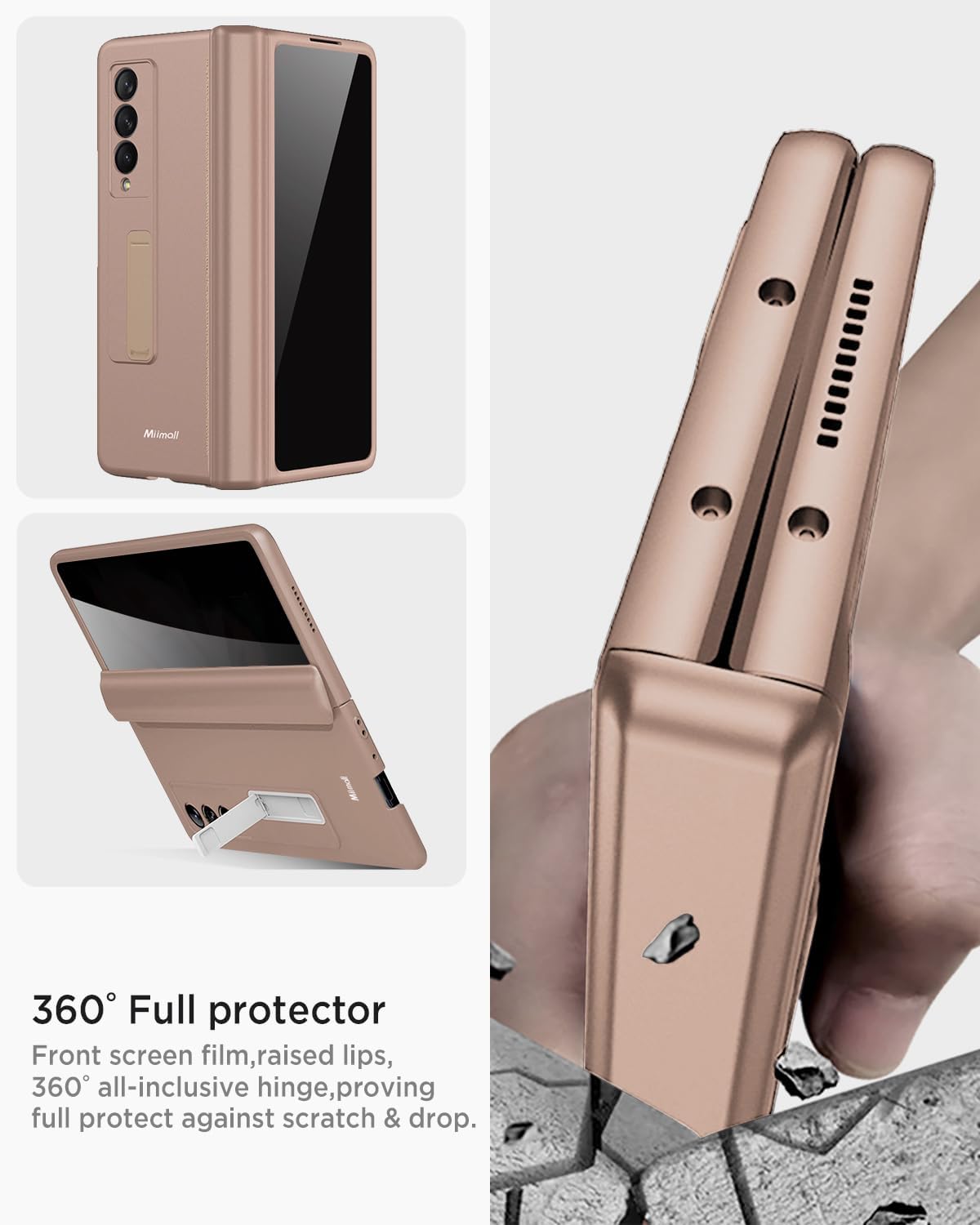 Miimall for Samsung Fold 3 Case with Privacy Screen Protector, Built-in Adjustable Kickstand & Magnetic Hinge & Camera Lens Protective All-Inclusive Phone Case for Galaxy Z Fold3 5G Champagne Gold