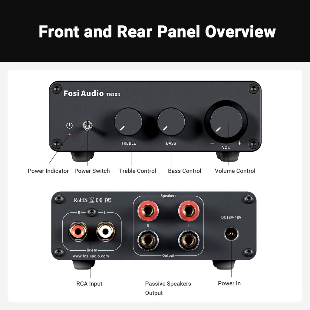 Fosi Audio TB10D 2 Channel Stereo Amplifier, Class D Mini Power Integrated Amplifiers 600W for Passive Speakers/Bass Shaker, Home Audio Component Desktop Amp Receiver TPA3255 with Bass Treble Control