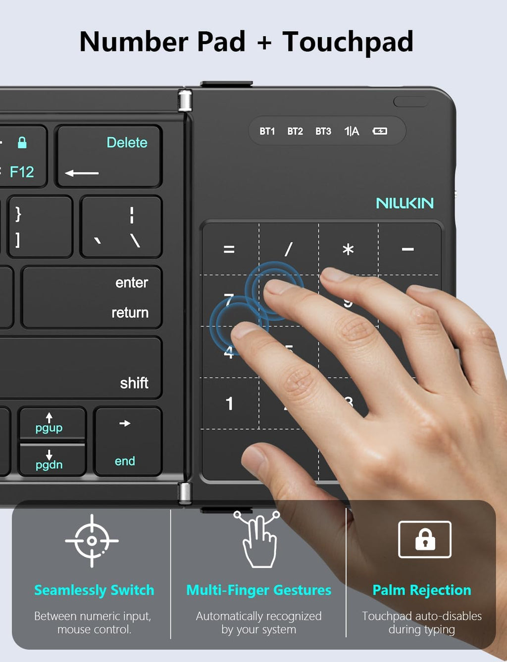 Nillkin Foldable Bluetooth Keyboard with Touchpad & Number Pad, Portable Bluetooth Keyboard with Full Size Keys, Pocket-Sized Wireless Travel Keyboards for iPad, Smartphone, Tablet and Laptop Black