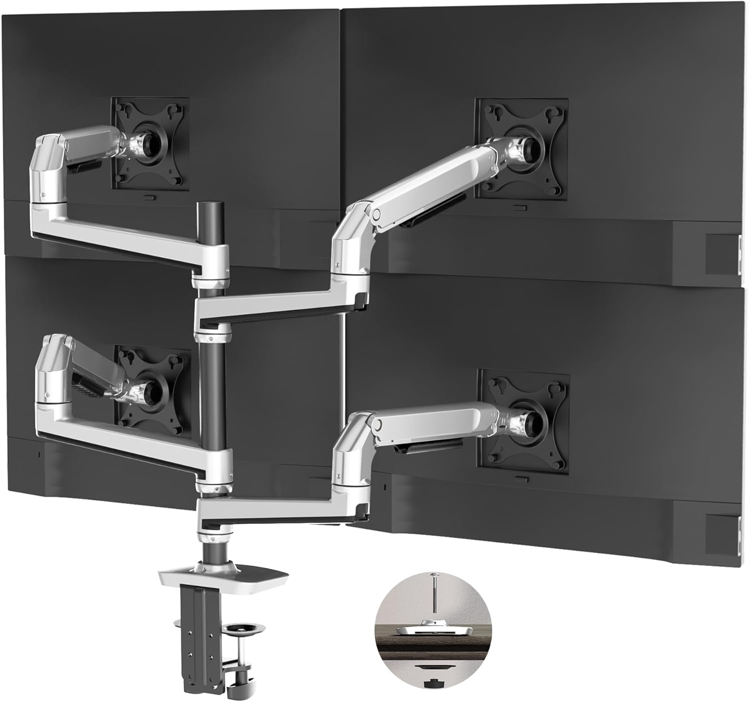 Quad Monitor Mount, Holds Screens up to 40 Inches and 25 lbs, Fully Adjustable 4 Monitor Mount with C-Clamp and Grommet Base, Aluminum, Silver