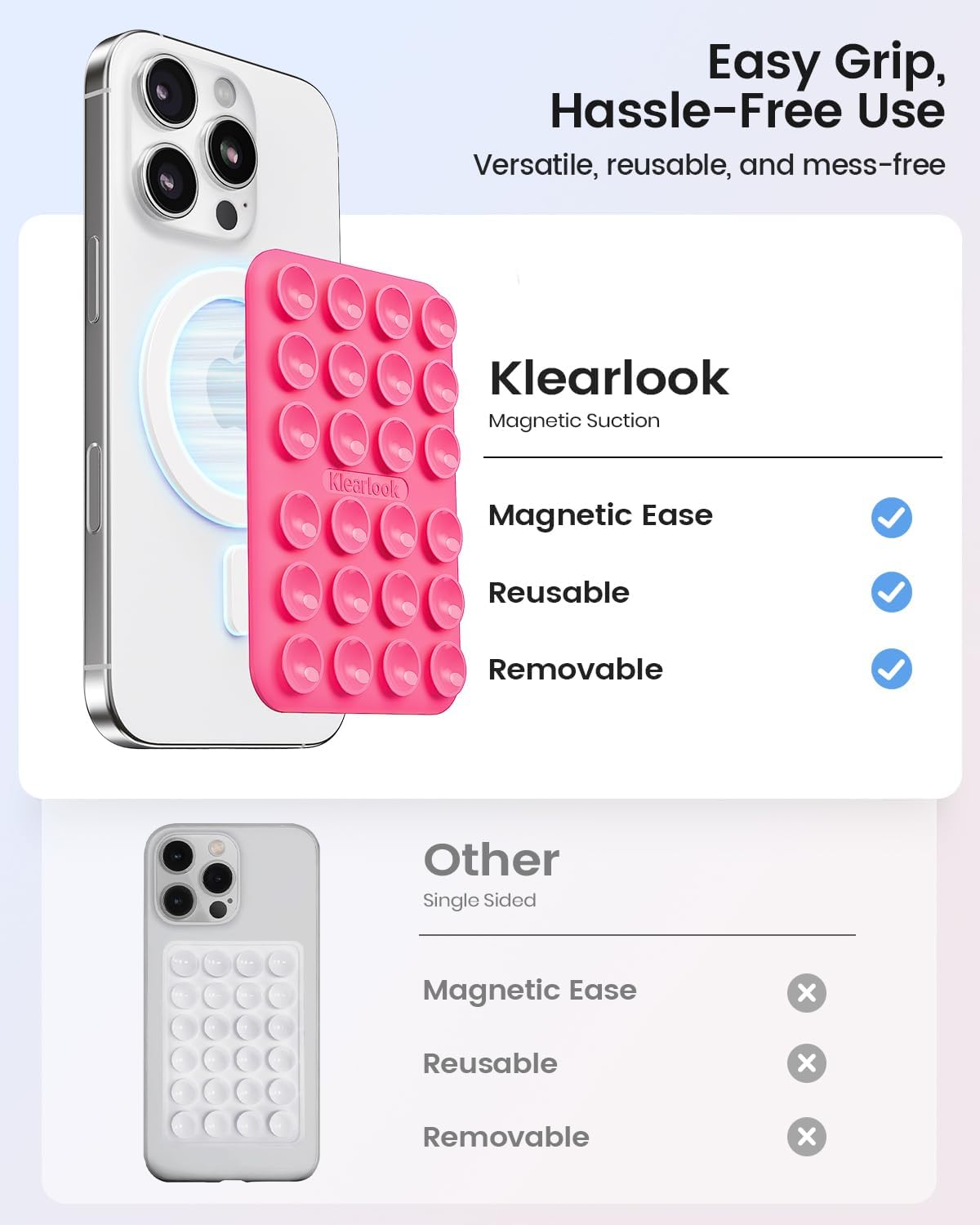 Klearlook Magnetic Suction Phone Mount for MagSafe Case, Removable Sticky Phone Grip Holder for Hands-Free Makeup/Selfie/Live Streaming/Vlog for TikTok & Instagram Influencer/Creator, Hot Pink