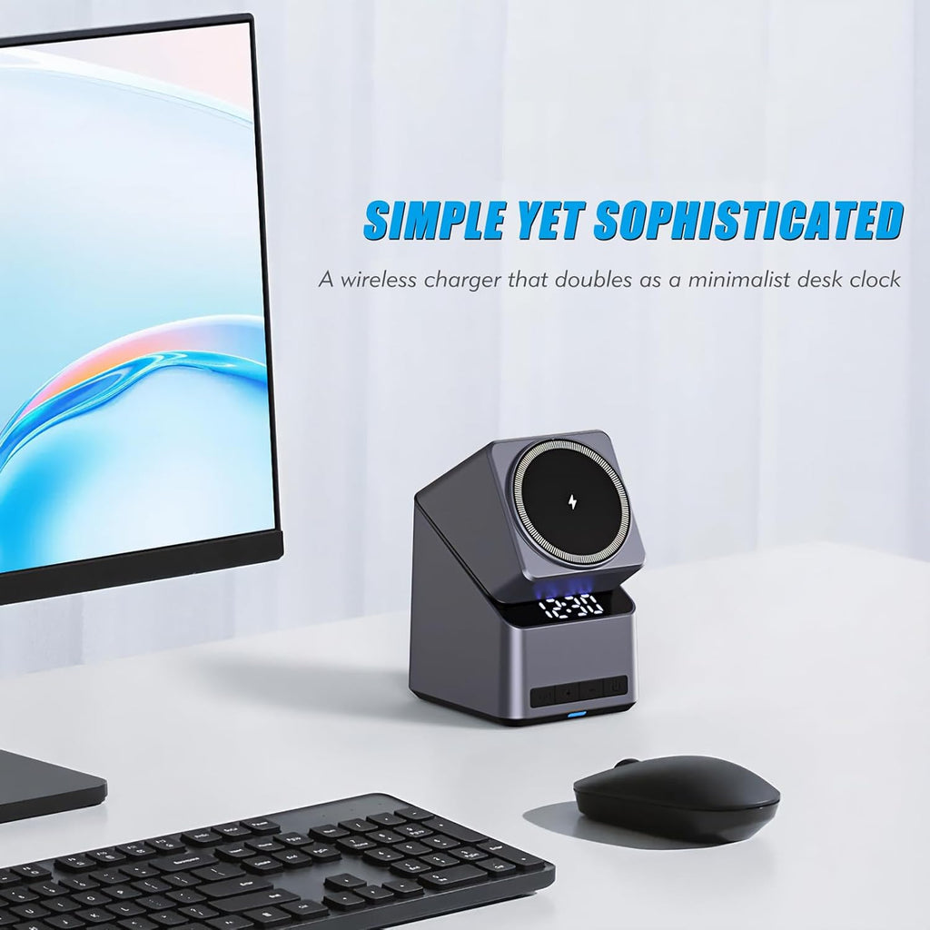 4-in-1 Charging Station Compatible with Magsafe, 15W Fast Wireless Charger Stand with LED Clock, Adjustable Metel Phone Stand for iPhone 16/15/14/13/12 Series, Apple Watch, AirPods