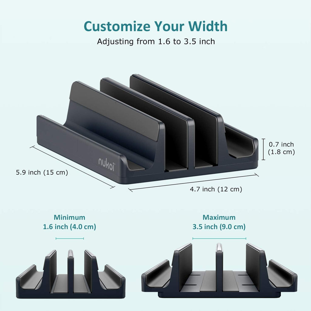 Vertical Laptop Stand - SPACEMax Adjustable GRIPLock Anti-Tip Silicone 4 Slots Aluminum Desktop Holder - Double Dock Stand - 2 Phone Slots Fits Up to 17.3” Laptops, Tablets, Phones - Gray