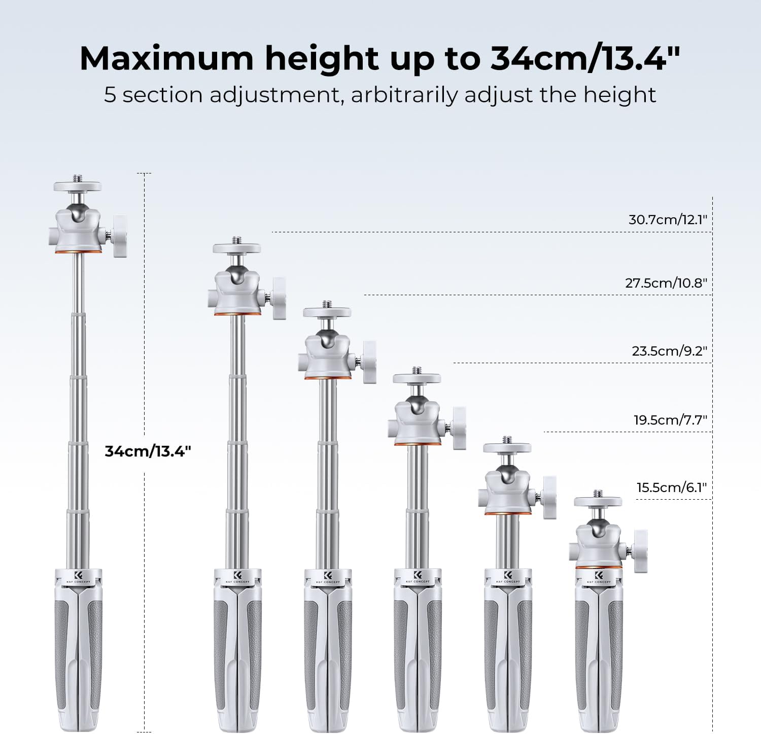 K&F CONCEPT Selfie Stick Tripod, 360 Degree Rotation Mini Phone Stand with Ball Head and Cold Shoe Mount, Cellphone Holder with Wireless Remote for Smartphone White