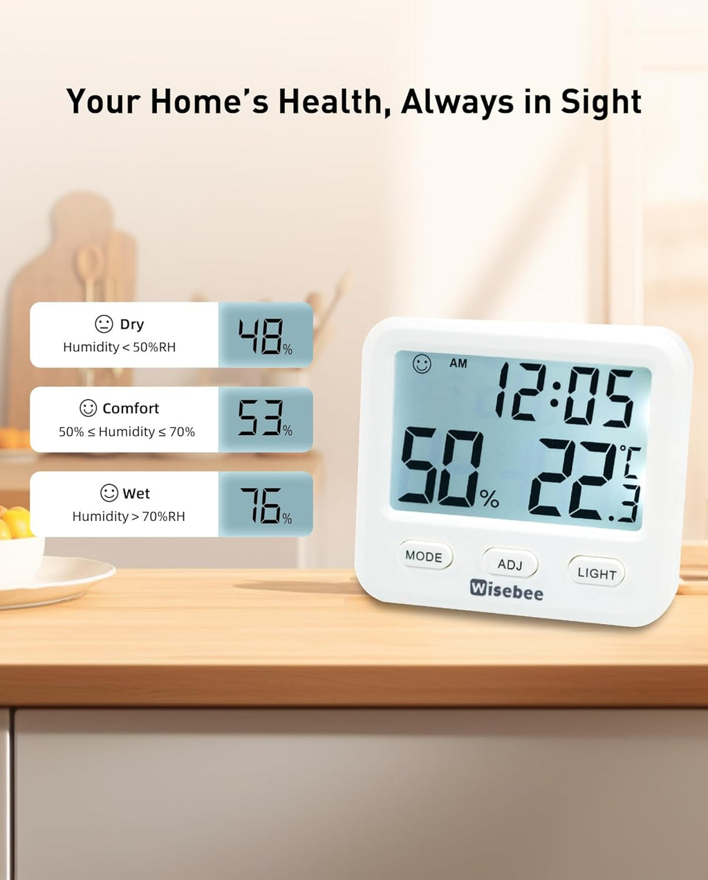 Wisebee Digital Indoor Hygrometer Thermometer, 2.9" Backlit Temperature Humidity Sensor Monitor for Baby Rooms, Home, Office, 1 Pack (White)