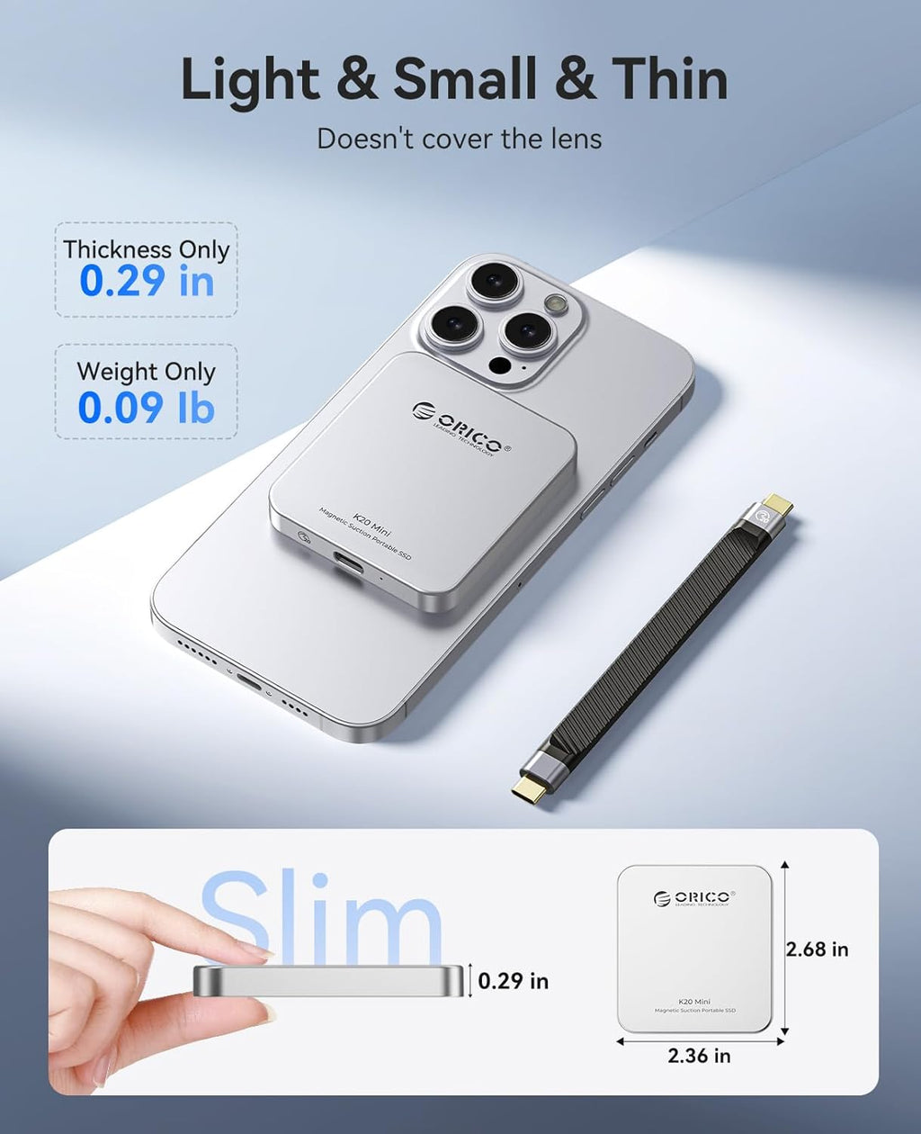 ORICO 512GB Magnetic External SSD, Aluminum Alloy, Up to 2000MB/s, 4K 120Hz ProRes HDR Record and Store, External Solid State Drive, Compatible with iPhone 16 Pro Max, Tablet, Computer - K20MINI