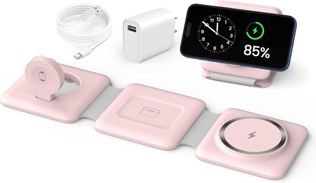 Charging Station for Apple Multiple Devices: 3 in 1 Foldable Magnetic Wireless Charger Stand - Travel Charging Dock Compatible with iPhone 16 15 14 13 12 Pro Max Plus Apple Watch AirPods