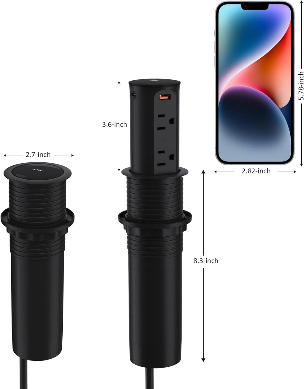Pop up Outlet for Countertop,65W USB C Fast Charging Port,2.5-inch Hole Desktop Power Grommet,Recessed Power Strip,4 Outlets 4 USB Ports,15Amp Tamper Resistant Receptacle，ETL Listed (Black)