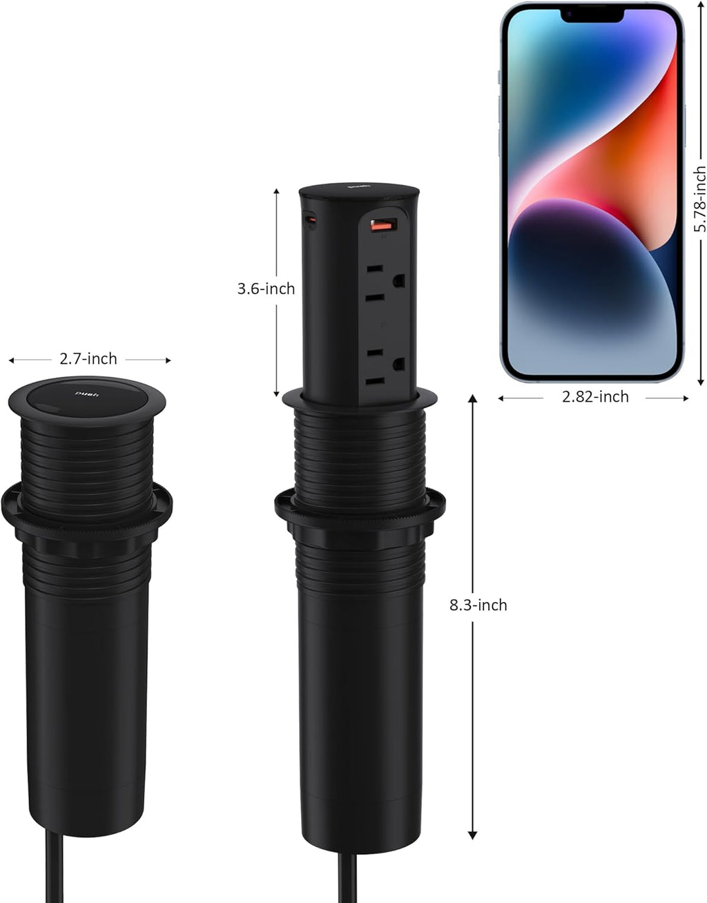 Pop up Outlet for Countertop,2.5 Inch Hole Desktop Power Grommet,Recessed Power Strip,20W USB C Fast Charging,4 Outlets 4 USB Ports,15Amp Tamper Resistant Receptacle for Home,Kitchen,Office Black