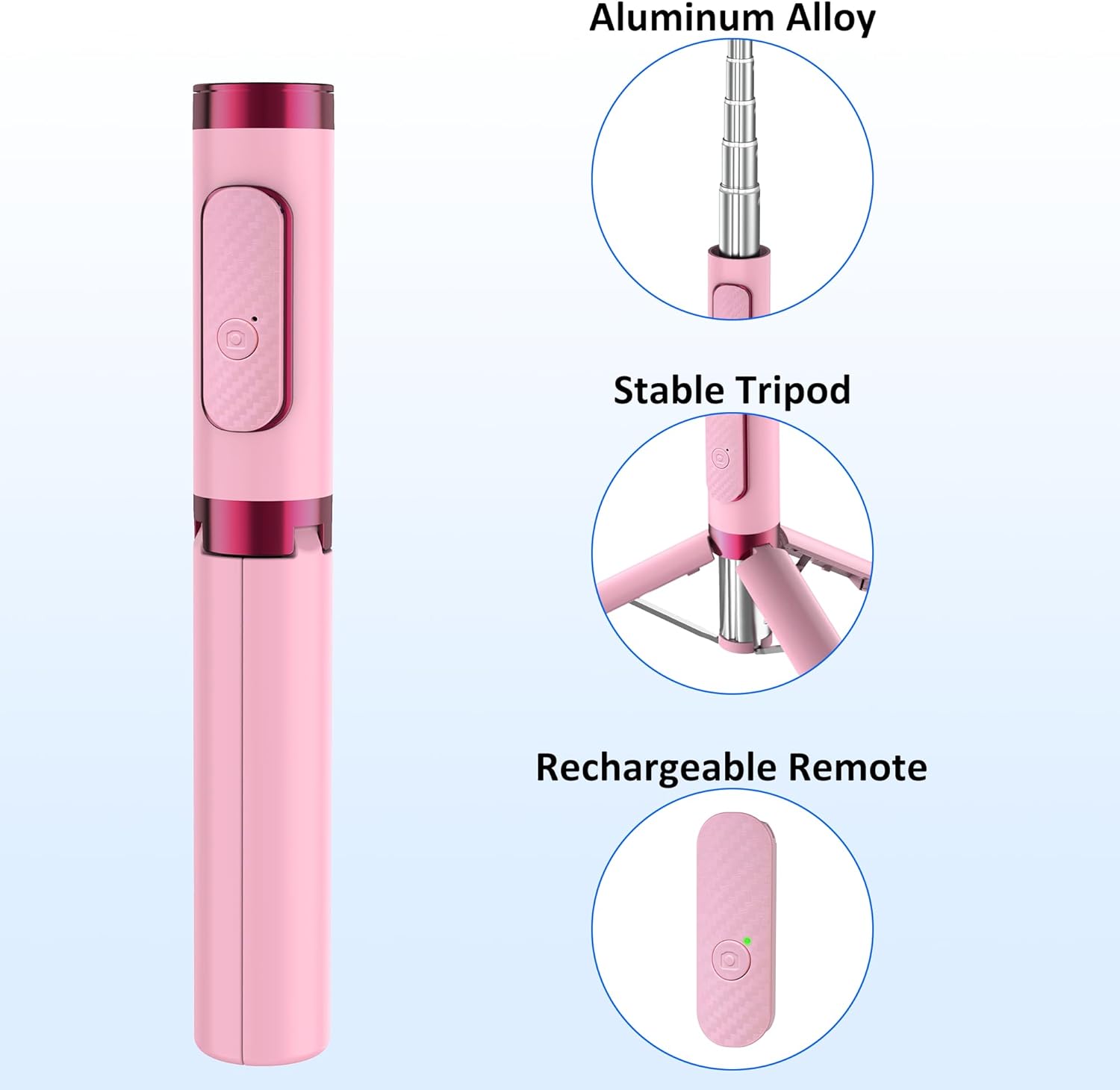 Selfie Stick Tripod, Foldable Cellphone Tripod with Remote for Group Selfies/Live Streaming/Video Recording, for iPhone Series Android, Pink