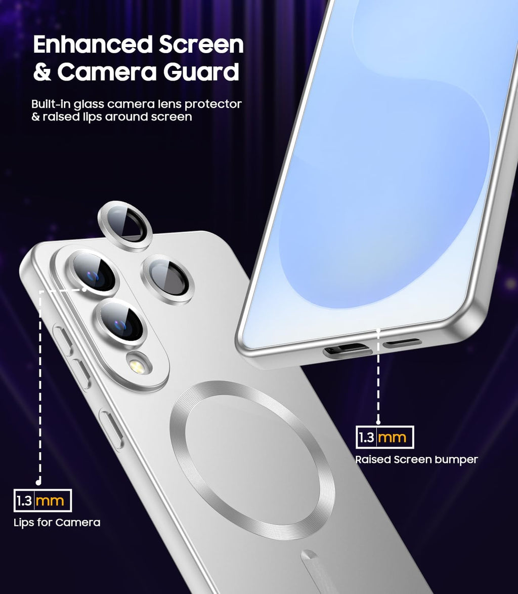 Magnetic for Samsung Galaxy S25 Edge Case [Compatible with MagSafe][Built-in Camera Lens Protector] Slim Soft Silicone Bumper Shockproof Metallic Luster Phone Case (Silver)