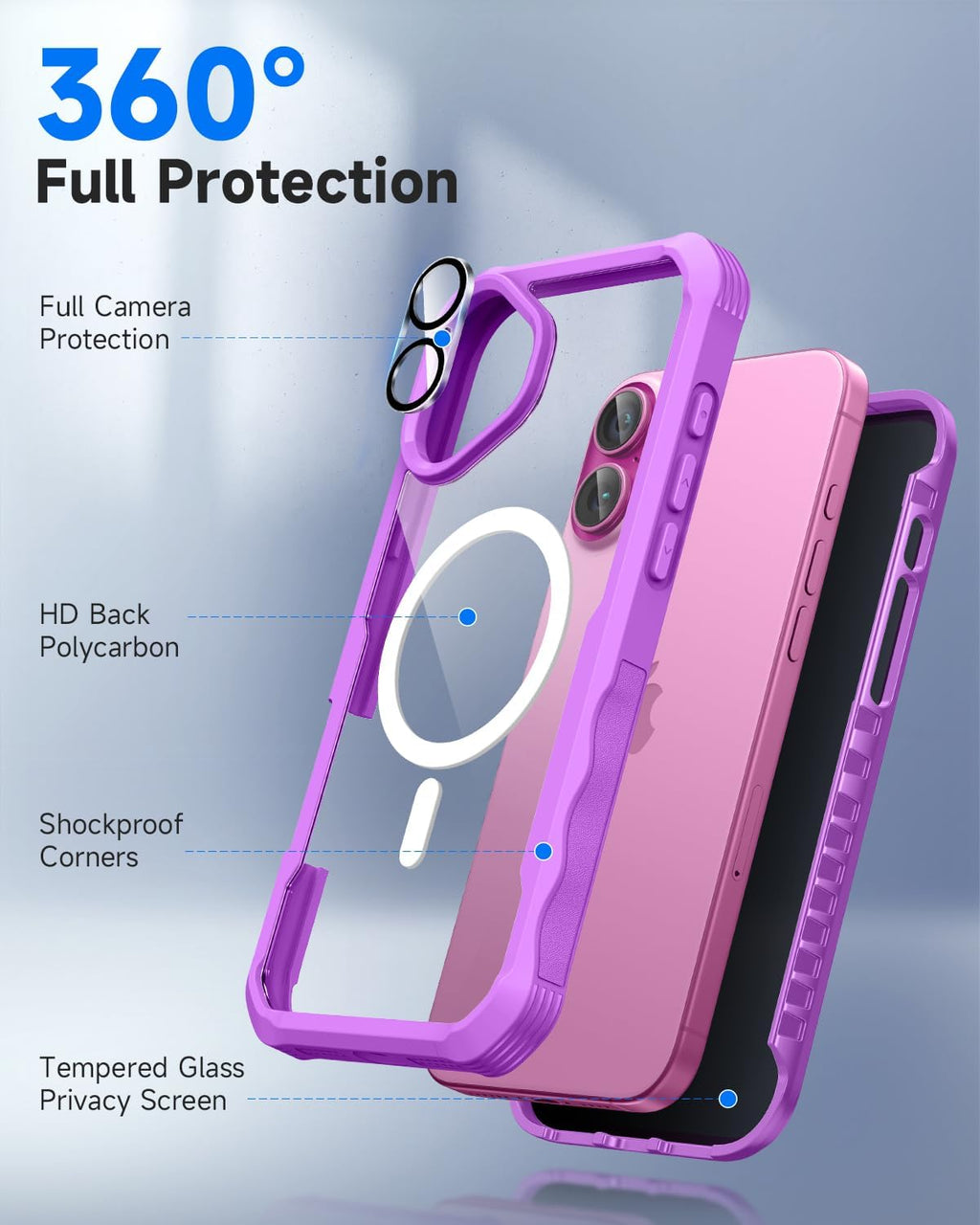 seacosmo for iPhone 16 Plus Case, Full Body Bumper with Built-in 9H Tempered Glass Privacy Screen and Camera Lens Protector, Compatible with MagSafe, Shockproof 16 Plus Phone Case, 6.7", Fuchsia Pink